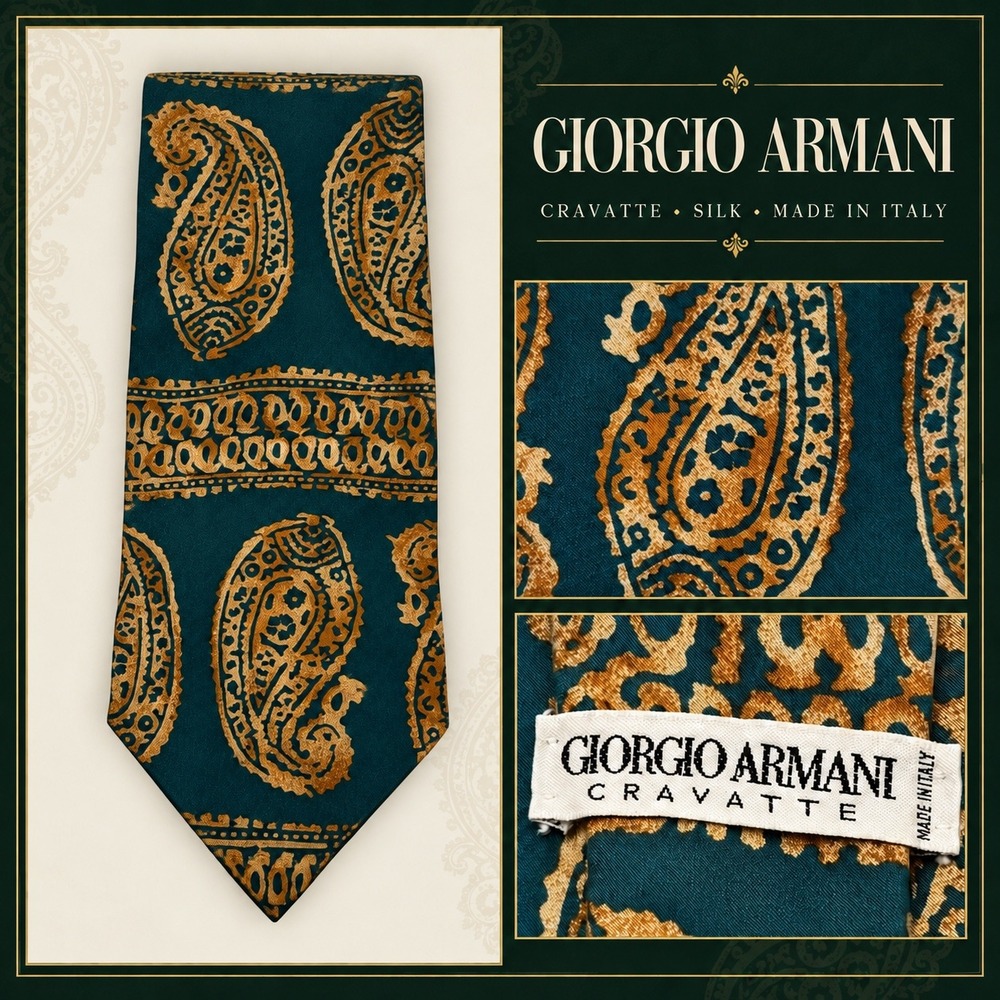 Giorgio Armani Cravatte Mens Silk Tie Teal Blue Gold Paisley Made in Italy